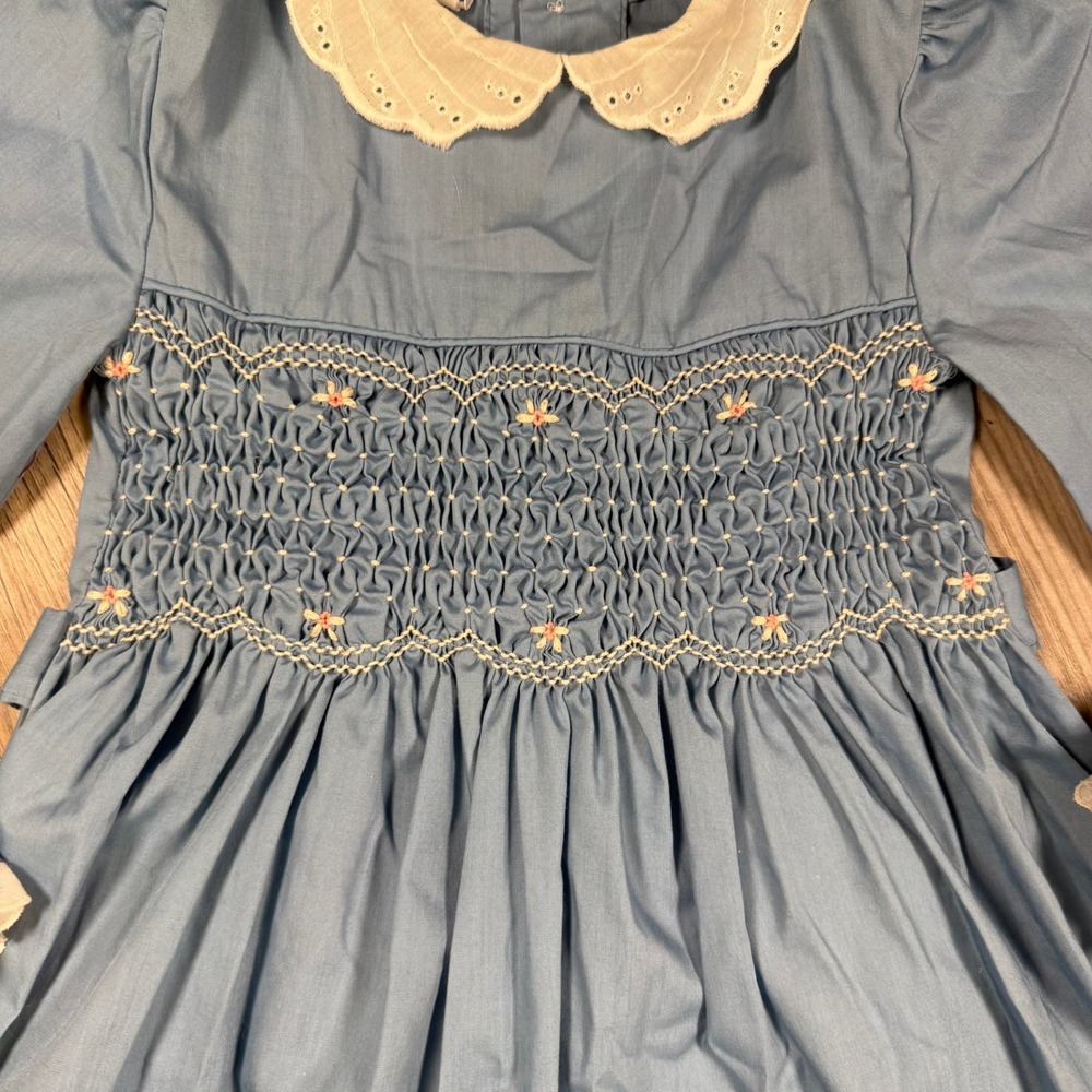 Polly Flinders Vintage Classic Prairie Girls Blue Smocked Eyelet Lace Dress 6X - Picture 2 of 5
